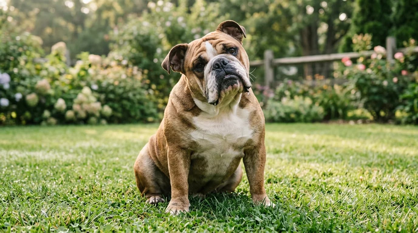 A stocky fawn-and-white English Bulldog sitting on a grassy backyard lawn in soft morning light, head slightly tilted, wrinkled sourmug face and folde