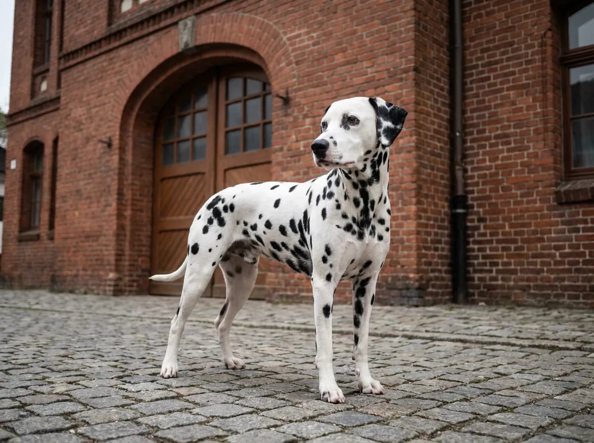 Short-coated black-spotted Dalmatian standing outside a red-brick building.