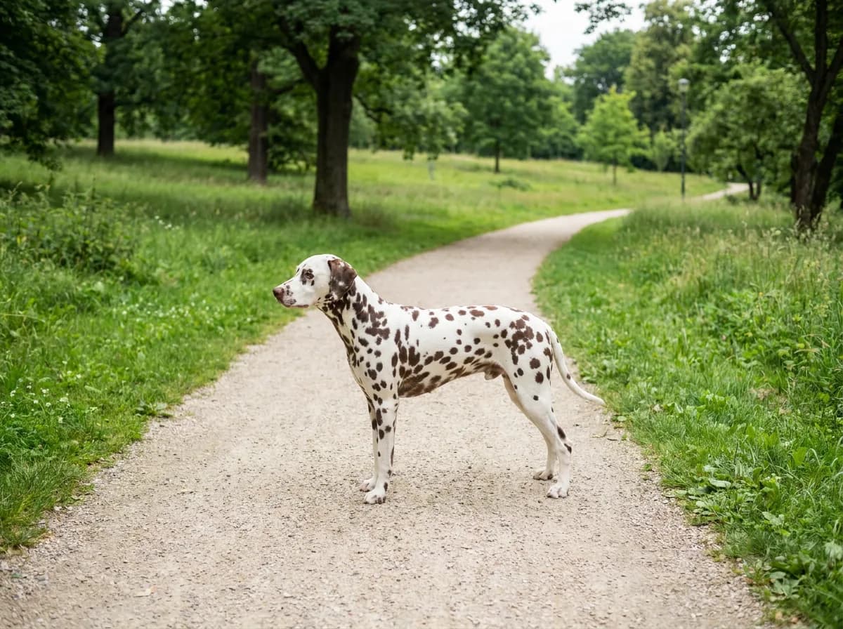 Liver-spotted Dalmatian standing side-on on a pale park path.