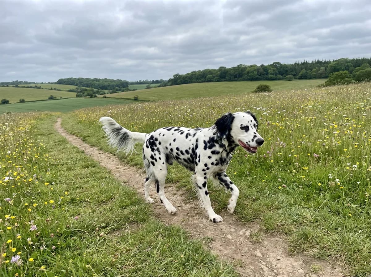 Long-coated black-spotted Dalmatian walking on a meadow path with a feathered tail.