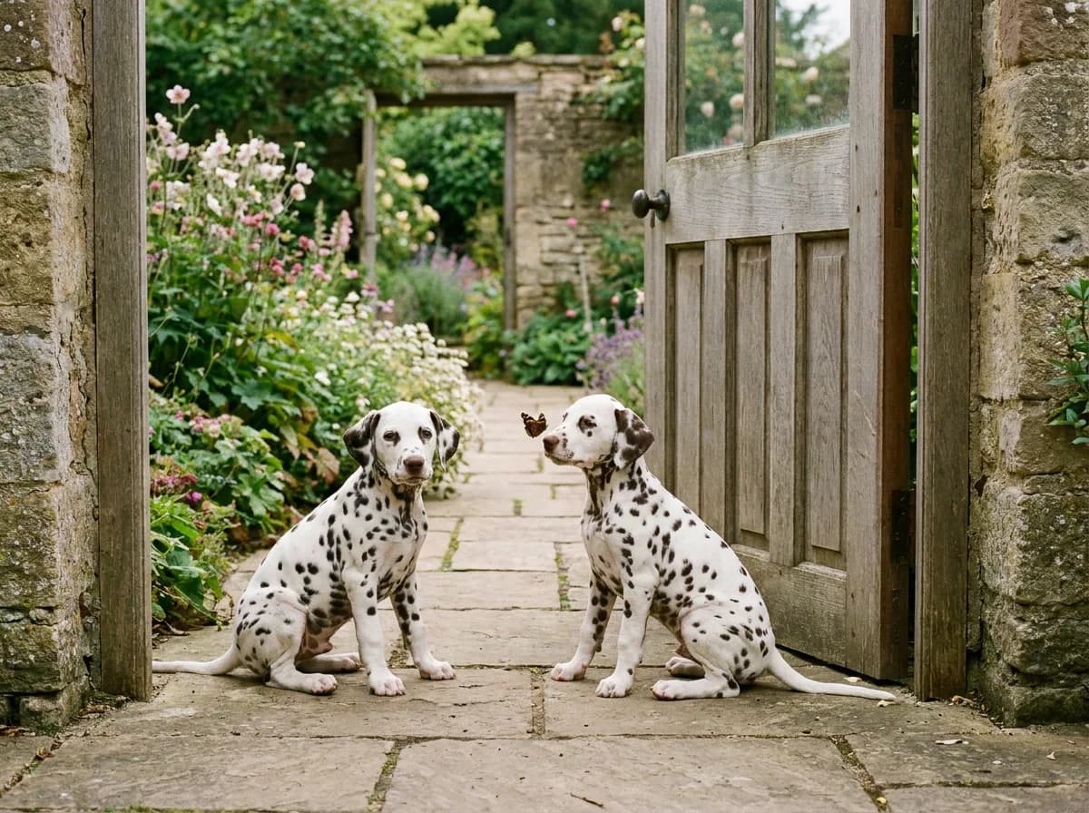 Two young spotted Dalmatians sitting beside an open garden doorway.