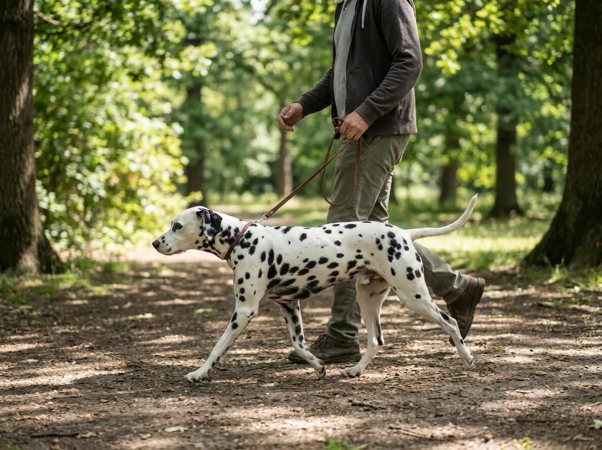 Black-spotted Dalmatian moving beside an adult handler on a loose lead in woodland.