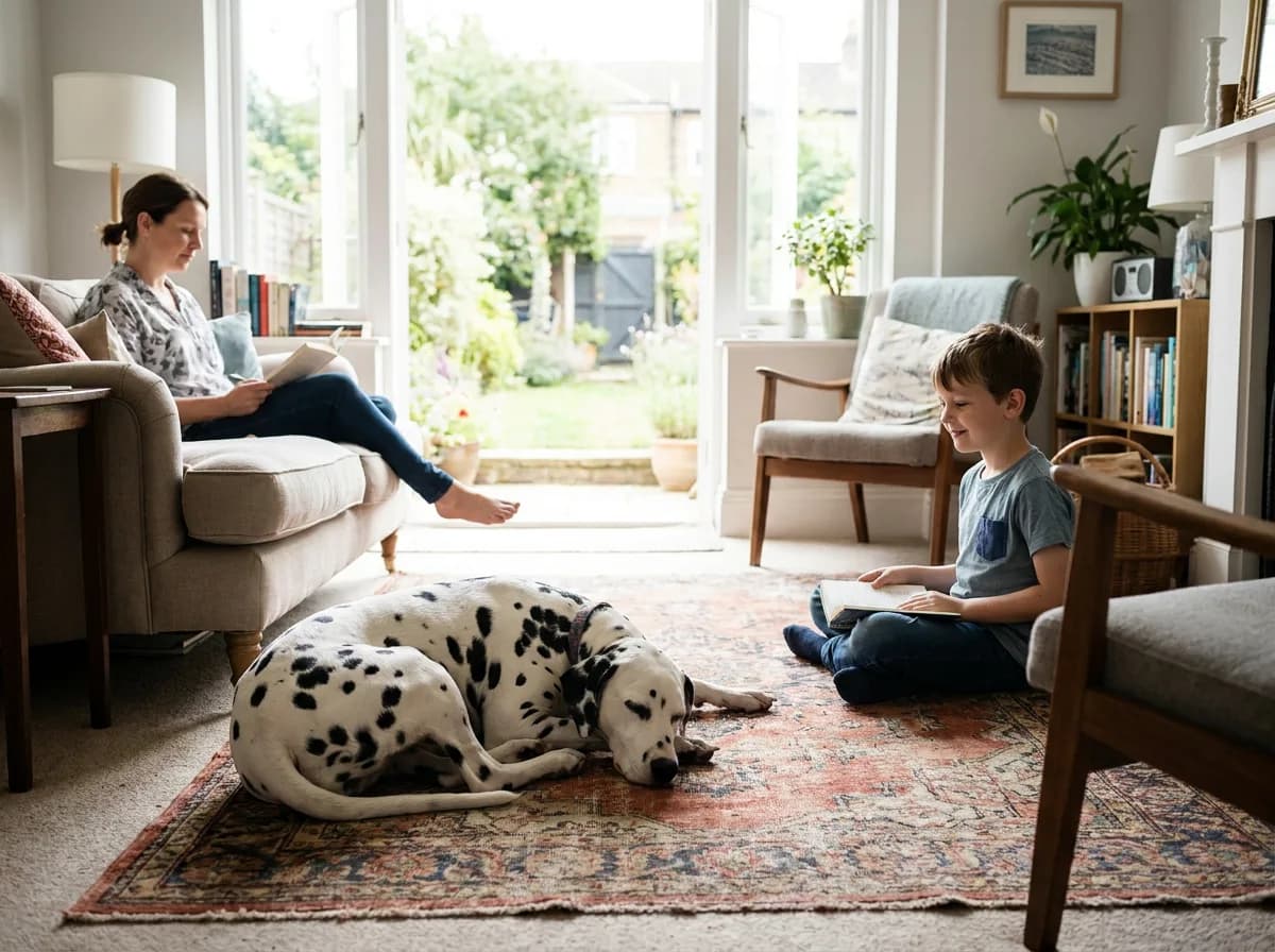 Black-spotted Dalmatian resting on a rug near a seated child and an adult.