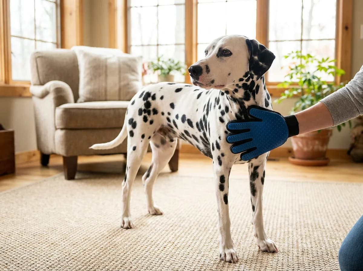 Black-spotted Dalmatian being brushed with a blue grooming mitt indoors.