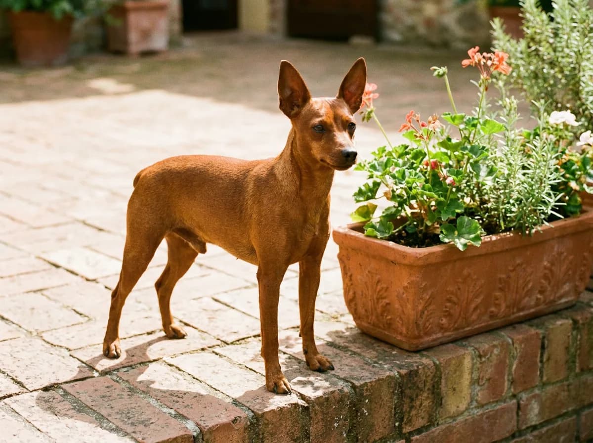 Red Miniature Pinscher with upright ears standing beside a terracotta planter.
