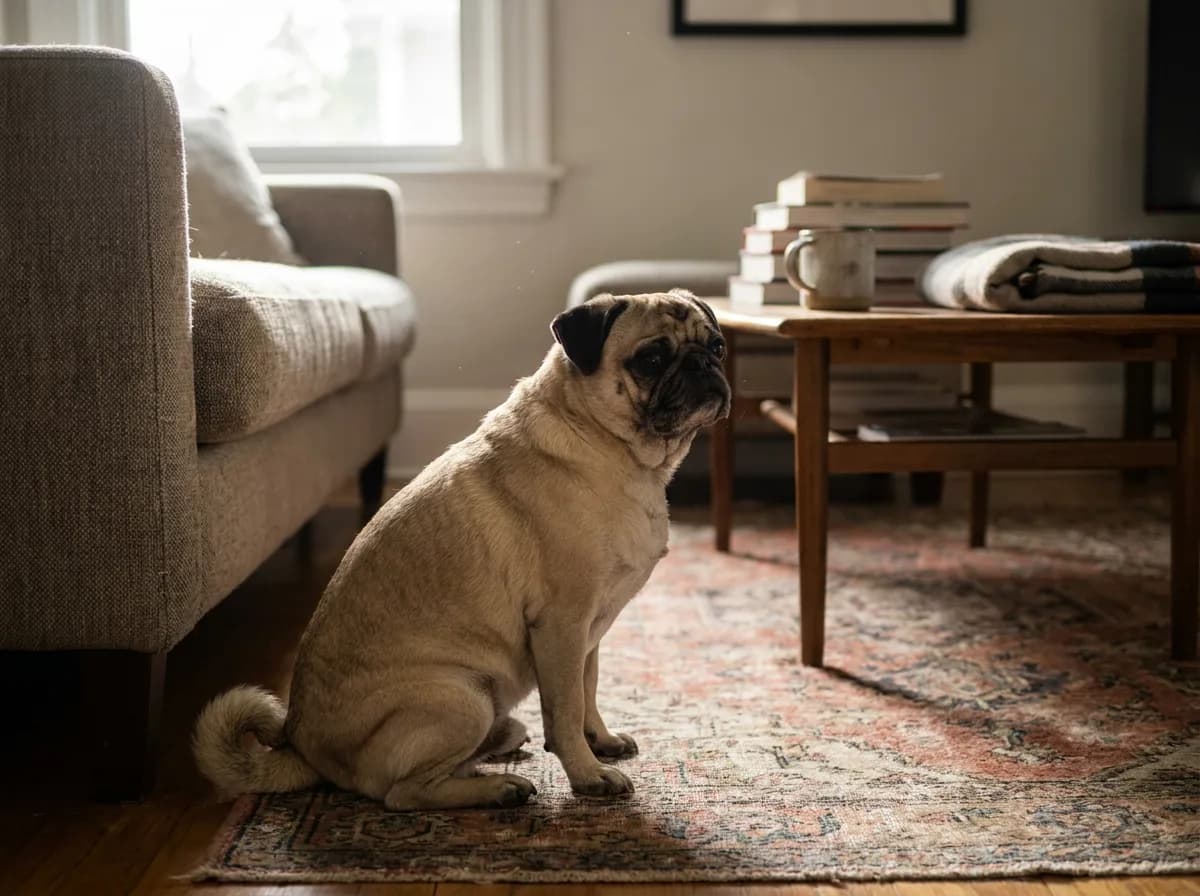 Fawn Pug sitting on a rug beside an armchair.