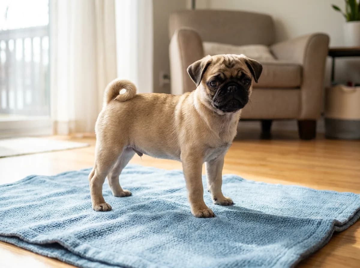 Fawn Pug puppy standing on a blue mat in a bright living room.