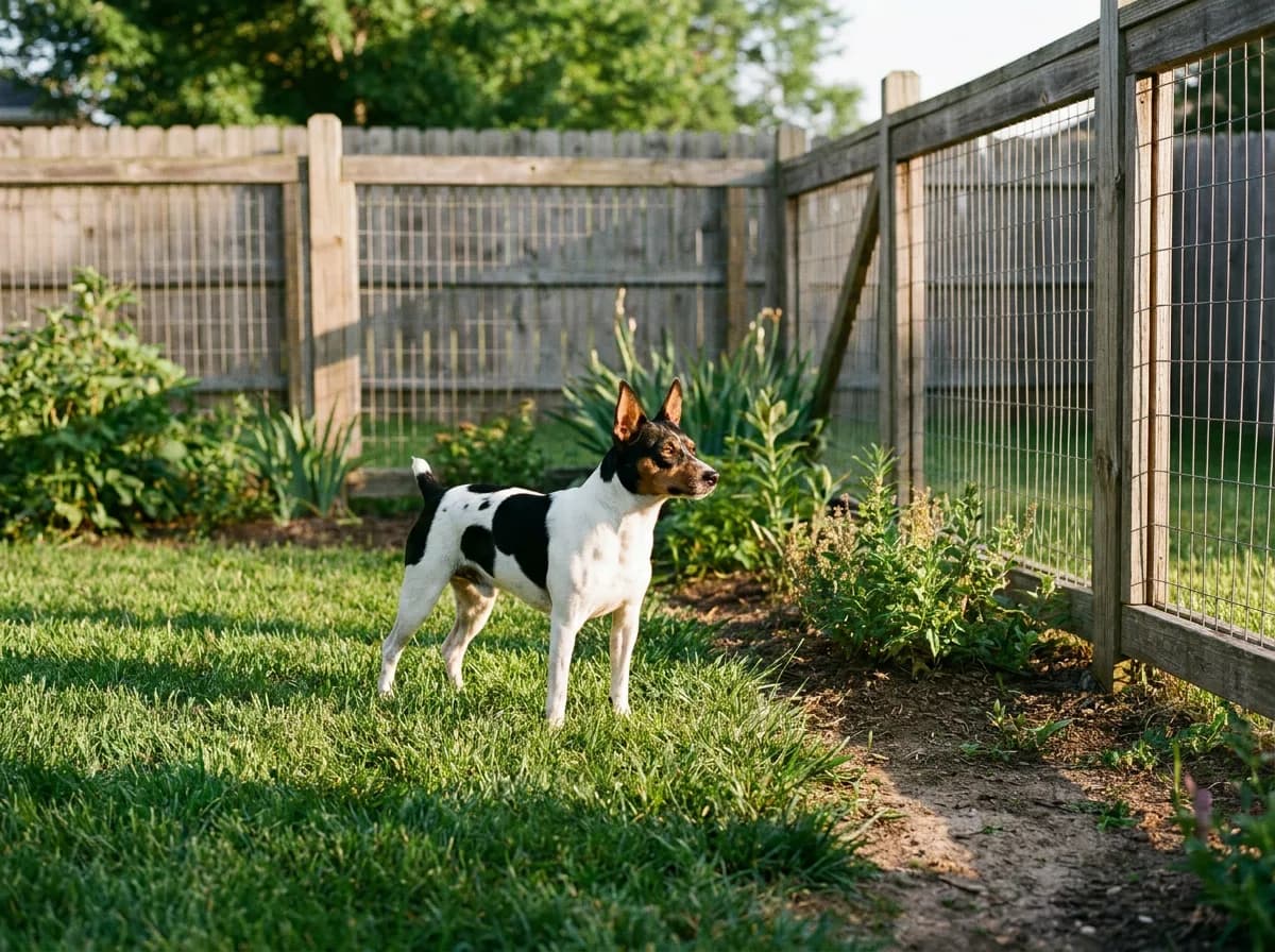 Tricolor Rat Terrier standing in a fenced garden with upright ears.