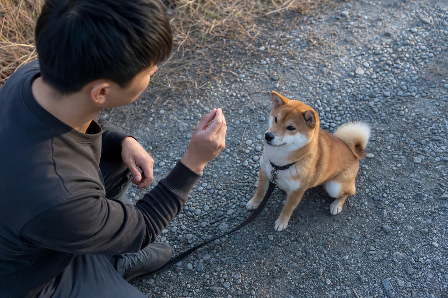 Handler rewarding a seated red Shiba Inu during a short outdoor training session