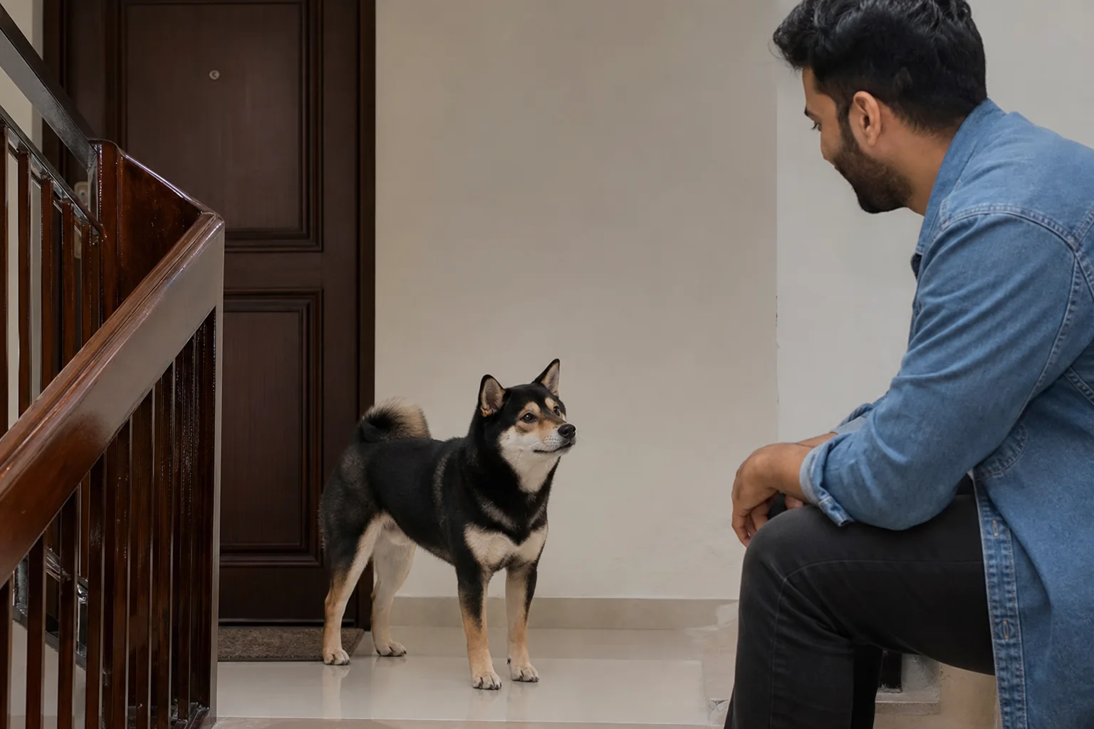 Black-and-tan Shiba Inu choosing whether to approach a seated caregiver near a home doorway