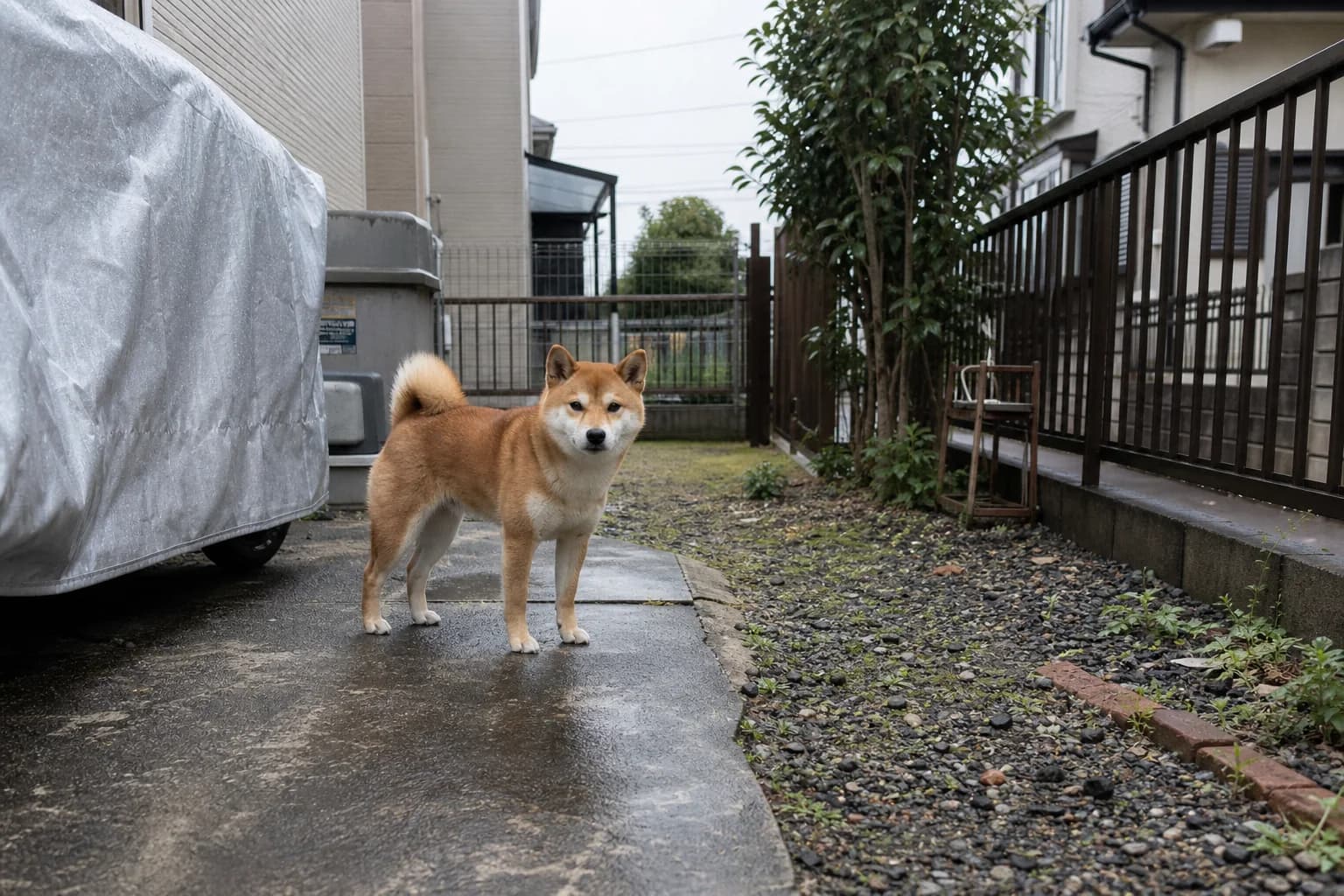 Red Shiba Inu standing in a narrow fenced side yard after rain