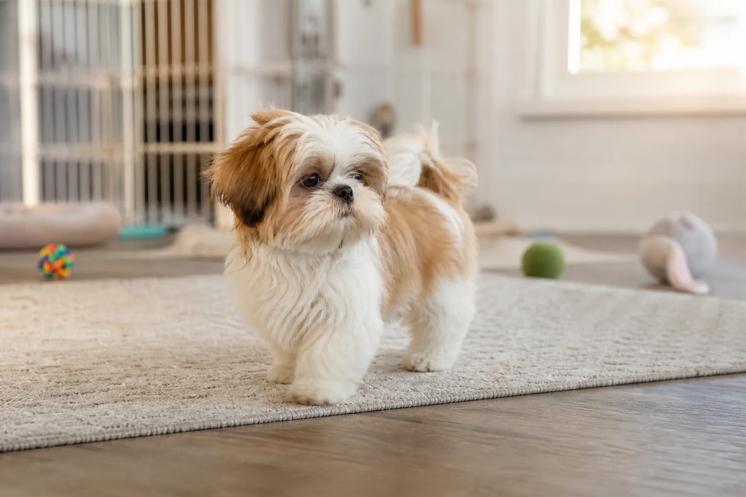 Healthy gold and white Shih Tzu puppy exploring a safe living room with alert relaxed posture