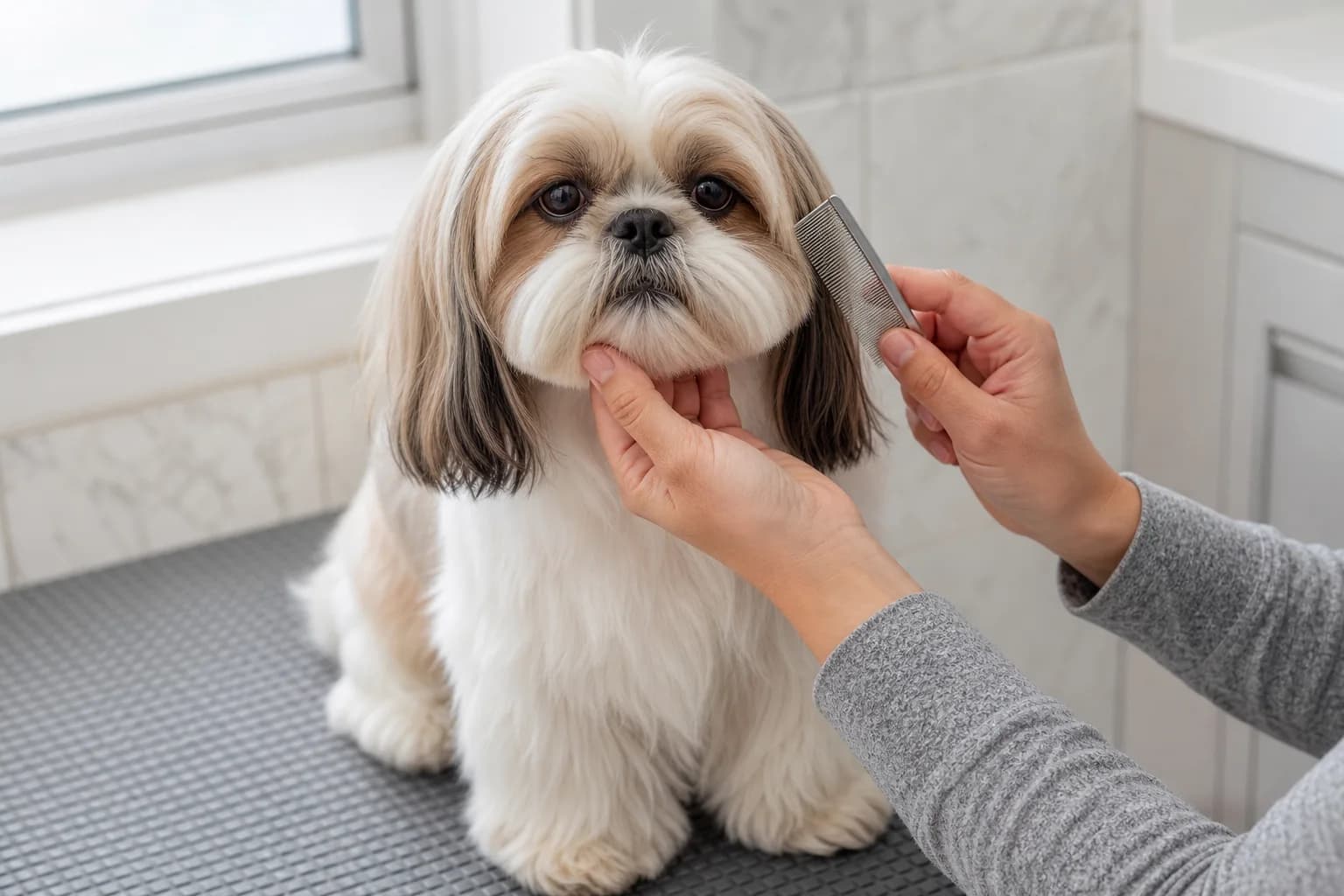 Relaxed Shih Tzu puppy receiving a gentle face and comb handling lesson on a nonslip mat