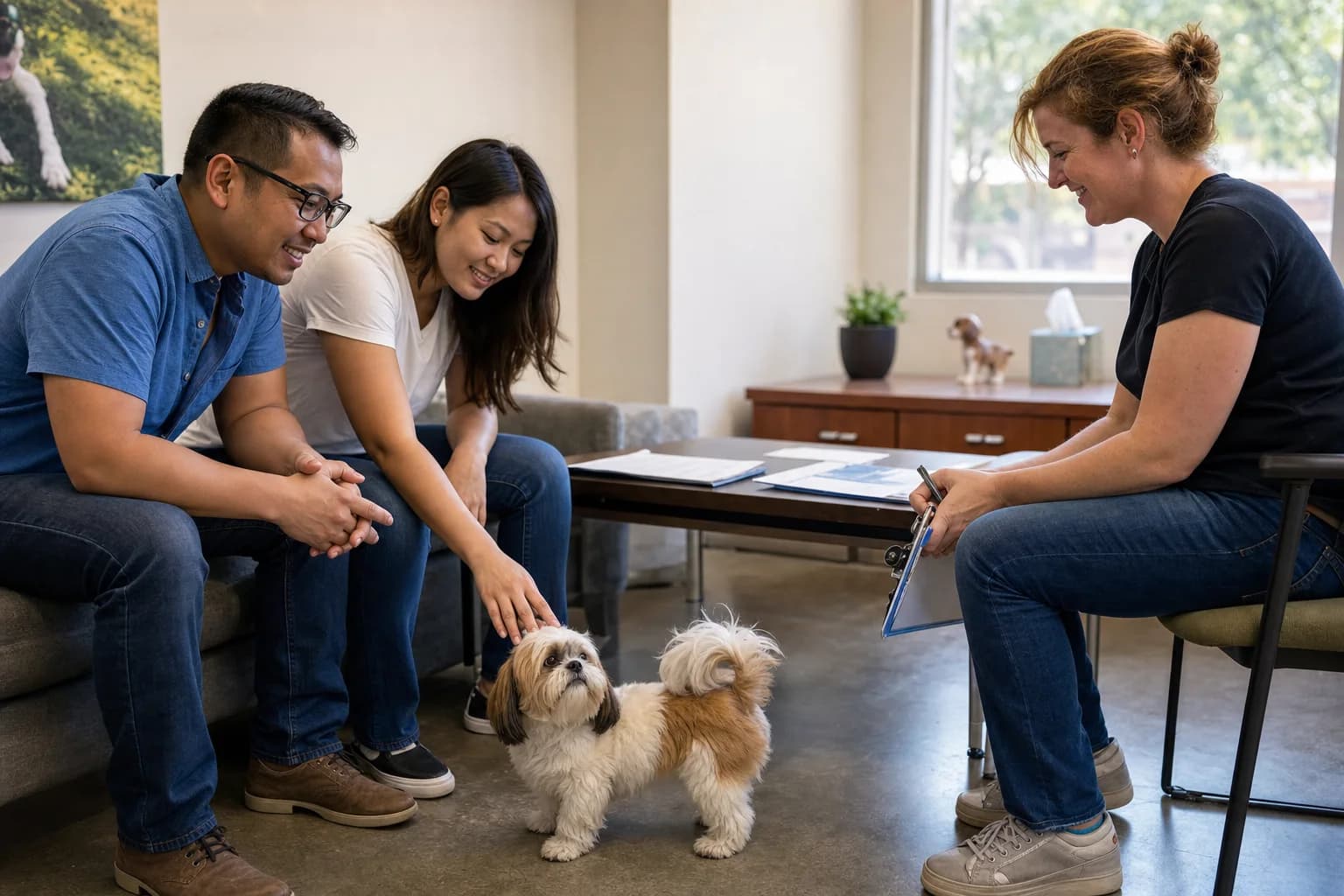 Family calmly meeting a Shih Tzu puppy with an adoption counselor and paperwork visible