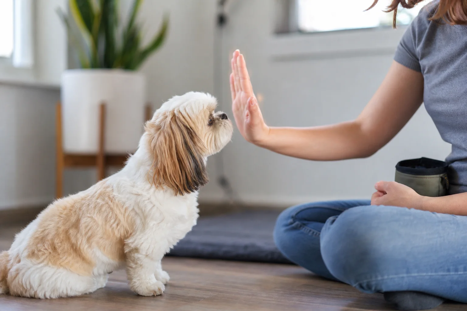 Young Shih Tzu puppy learning a hand target from a seated owner in a quiet room