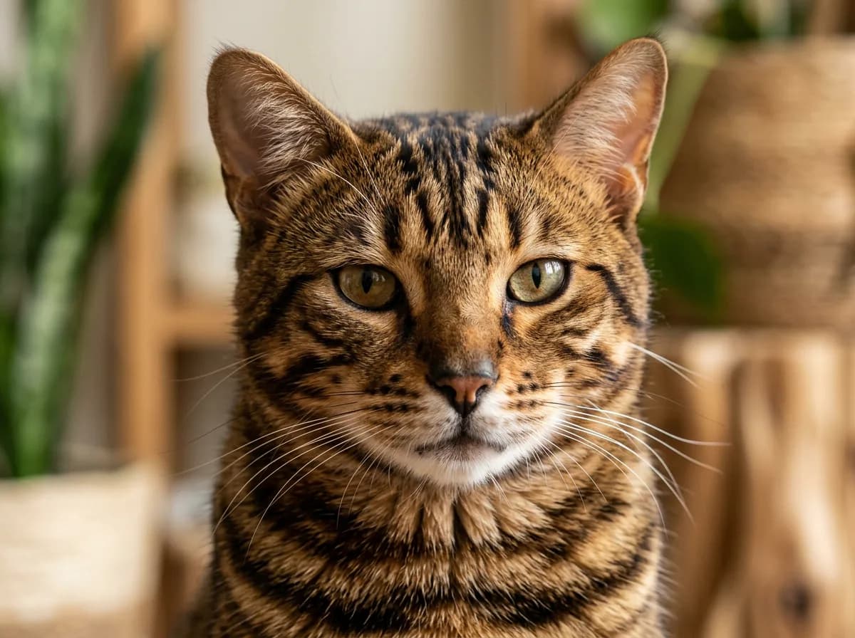 Close-up of a Toyger cat face showing the circular temple markings, butterfly-shaped forehead pattern and small rounded ears typical of the breed