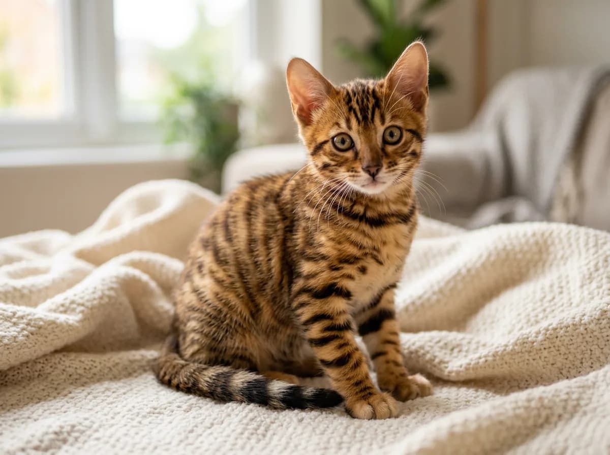 A young Toyger kitten with developing tiger stripes sitting on a soft blanket, showing the breed's miniature tiger look at an early age