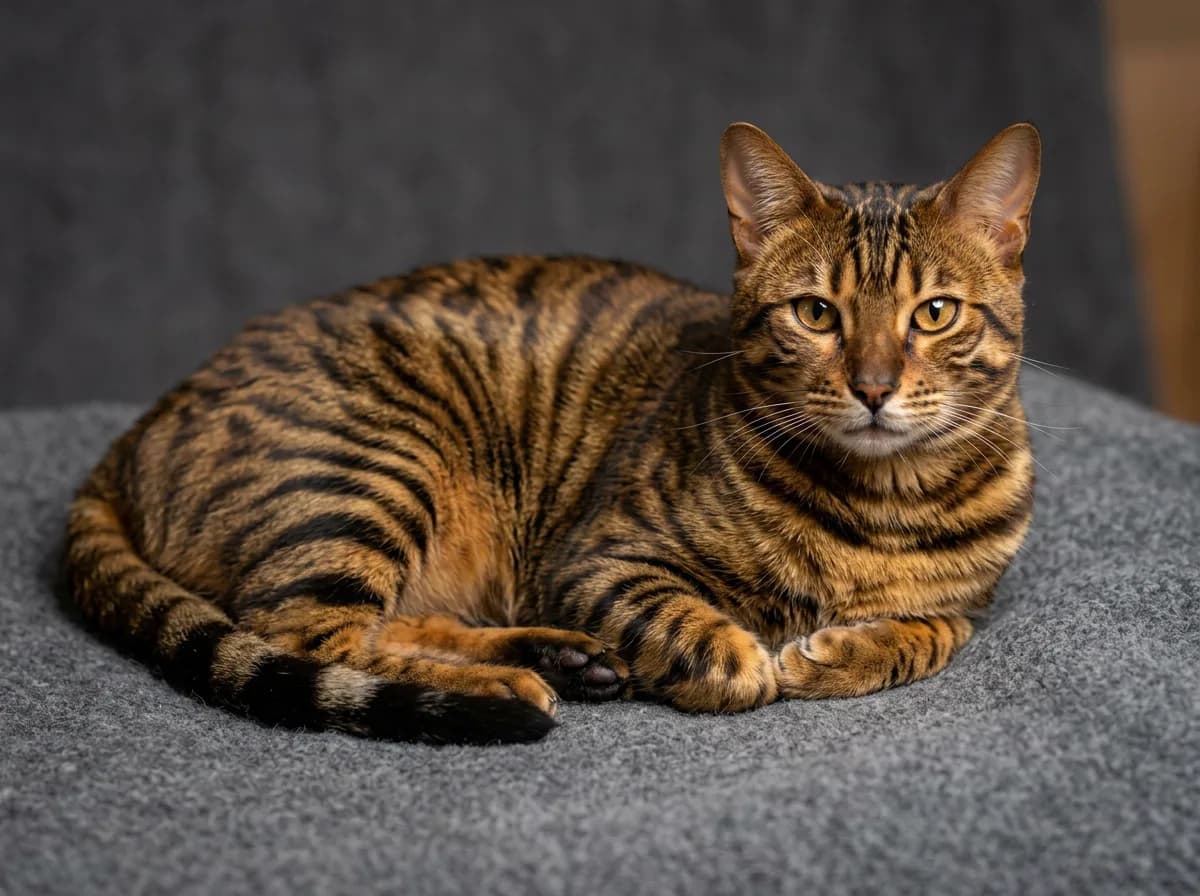 A Toyger cat photographed in soft light to highlight the rich brown coat and dark vertical striping that define the standard Toyger color