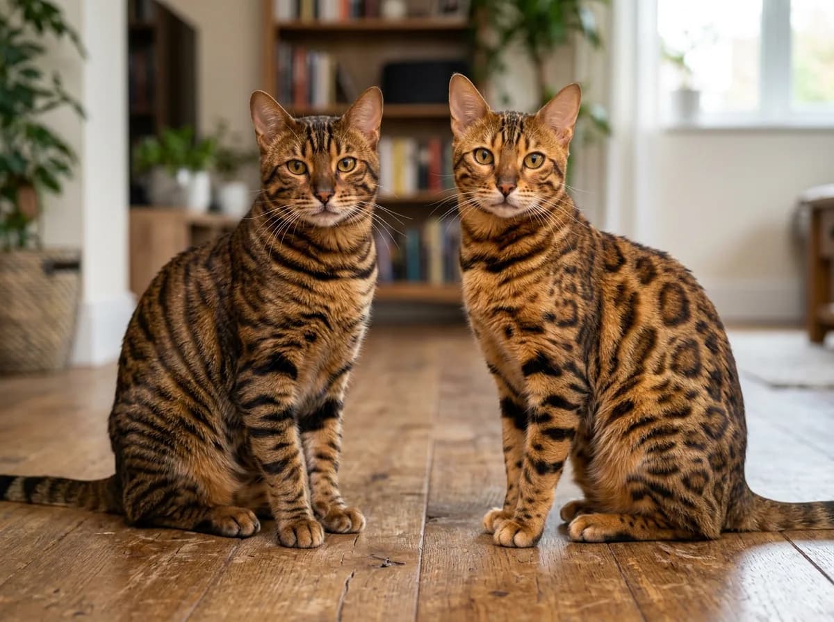 Two cats side by side for comparison, a striped Toyger on the left and a rosette-spotted Bengal on the right, illustrating how the two breeds differ