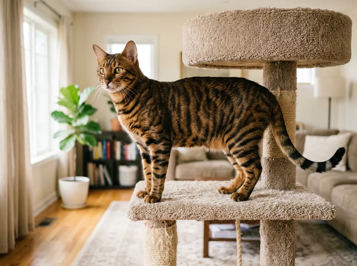 A Toyger cat standing alert on a cat tree, showing its medium muscular build and long striped tail in a home environment