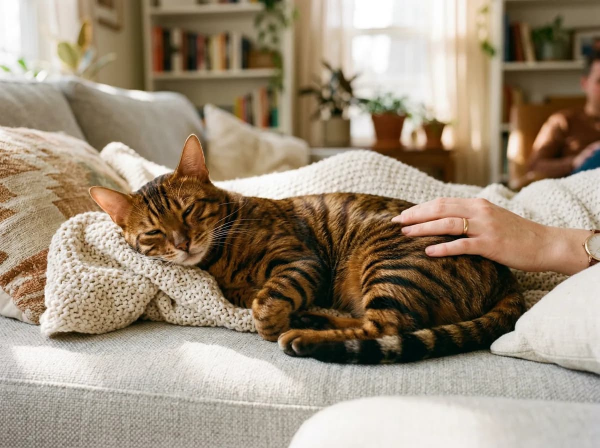 A relaxed Toyger cat curled up on a sofa beside a person, showing the breed's friendly, people-oriented temperament as a family pet