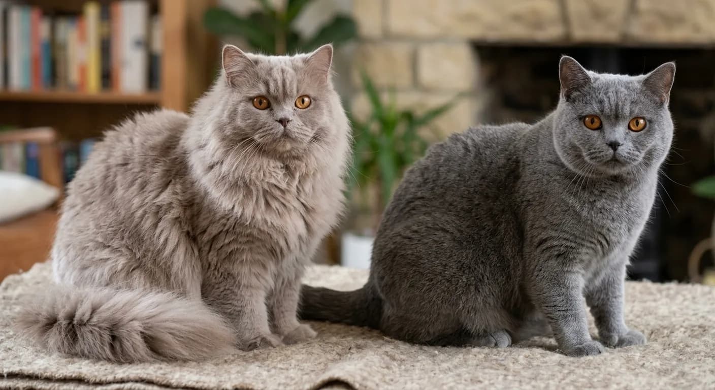 Close-up side-by-side showing the plush semi-long double coat of a British Longhair versus the shorter, crisper coat of a British Shorthair, highlighting the difference in length and volume