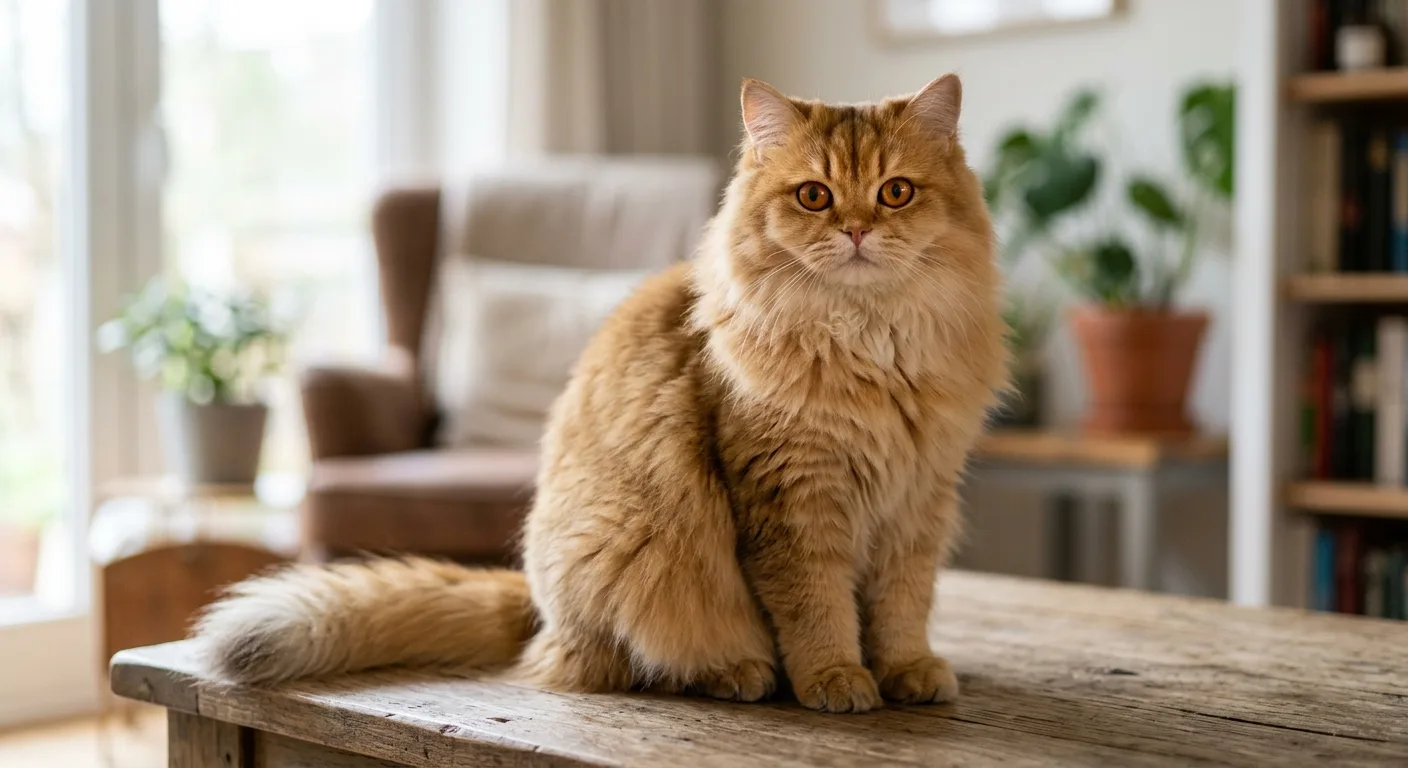 A golden-shaded British Longhair cat sitting upright, showing the warm apricot-to-golden coat with slight darker tipping and characteristic round face