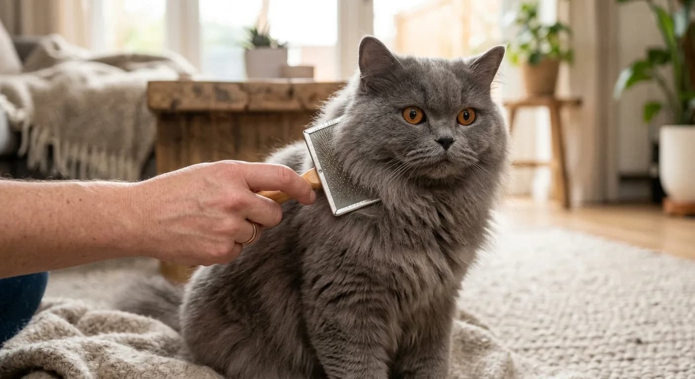 A hand holding a slicker brush combing through the semi-long plush coat of a British Longhair, showing grooming technique on the neck ruff area