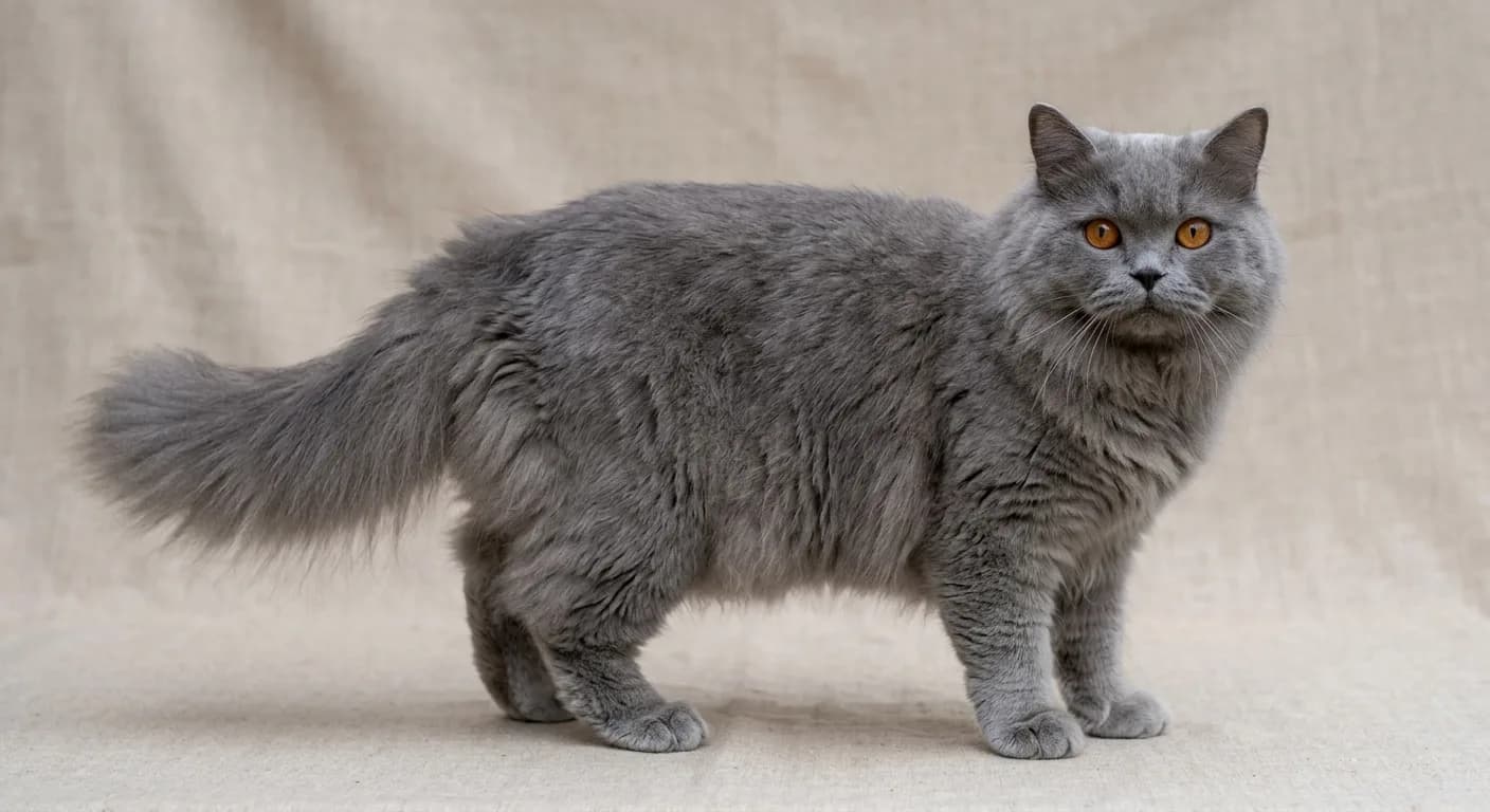 A blue/grey British Longhair cat shown full body on a neutral background, displaying its plush semi-long double coat, round head with chubby cheeks, and fully plumed tail