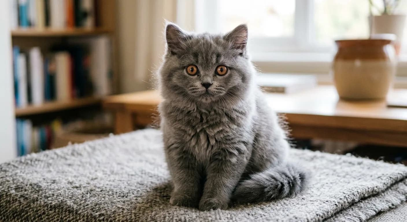 A British Longhair kitten with a round face and large copper eyes, sitting upright, showing the early plush coat development