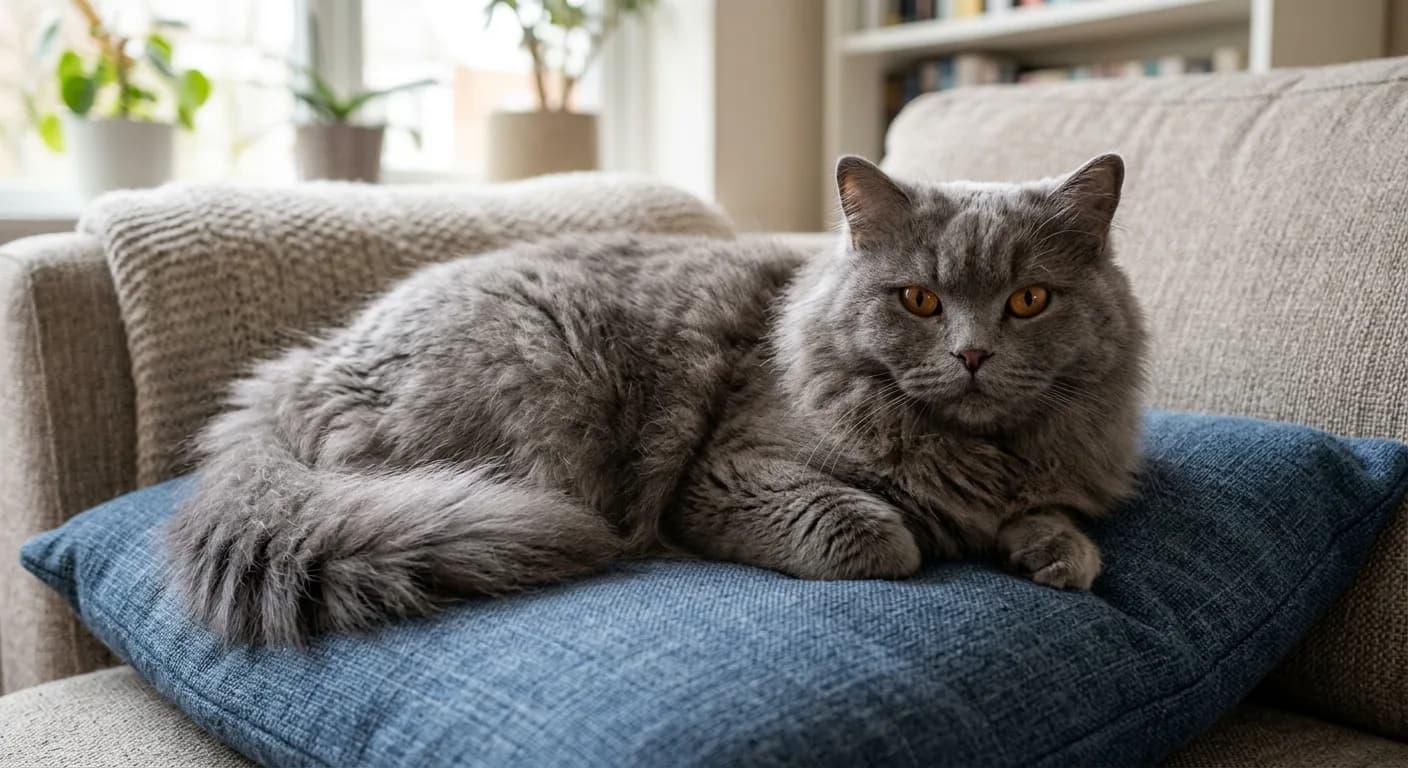A British Longhair cat lying relaxed on a sofa cushion, showing its characteristically calm and composed temperament