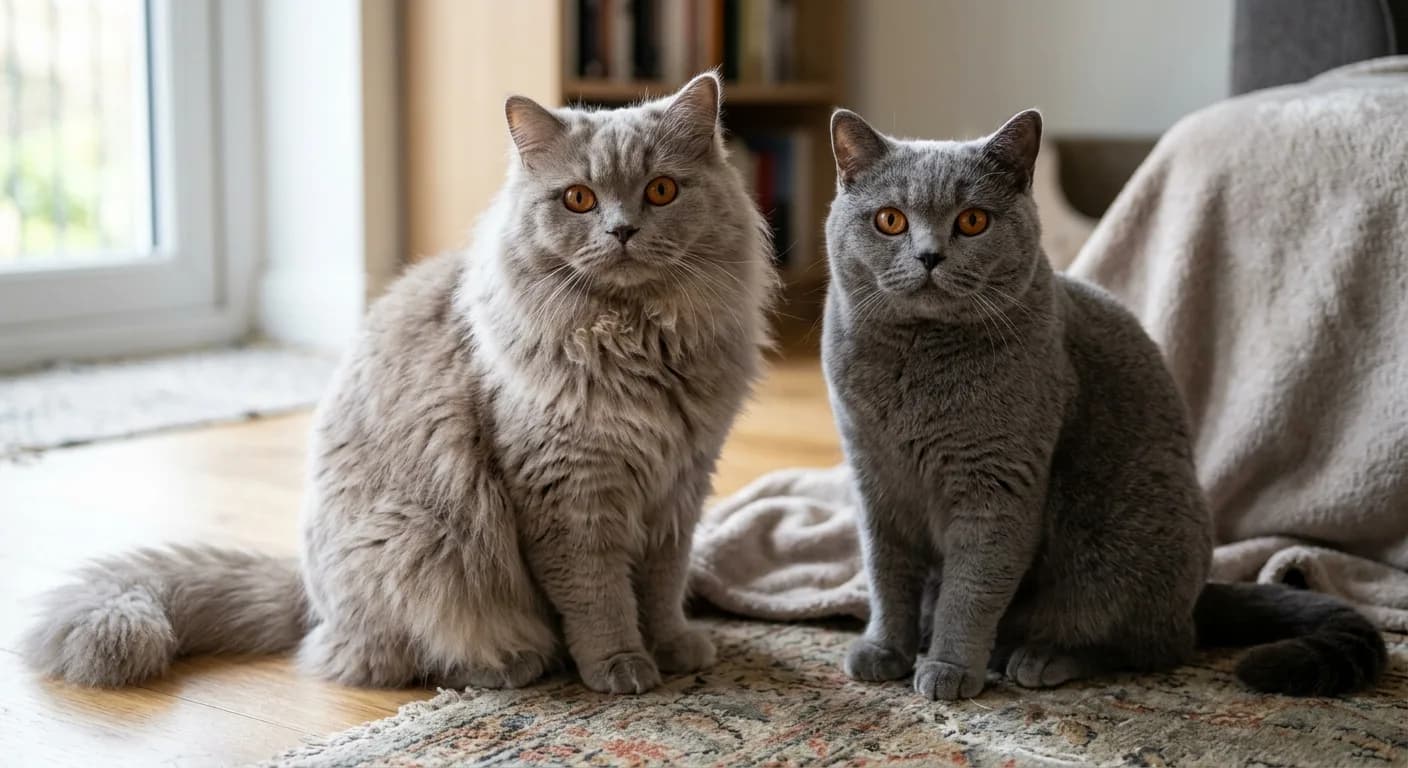 A British Longhair and a British Shorthair sitting side by side, clearly showing the coat length difference: the Longhair's semi-long plush coat with neck ruff versus the Shorthair's shorter, denser, crisper coat