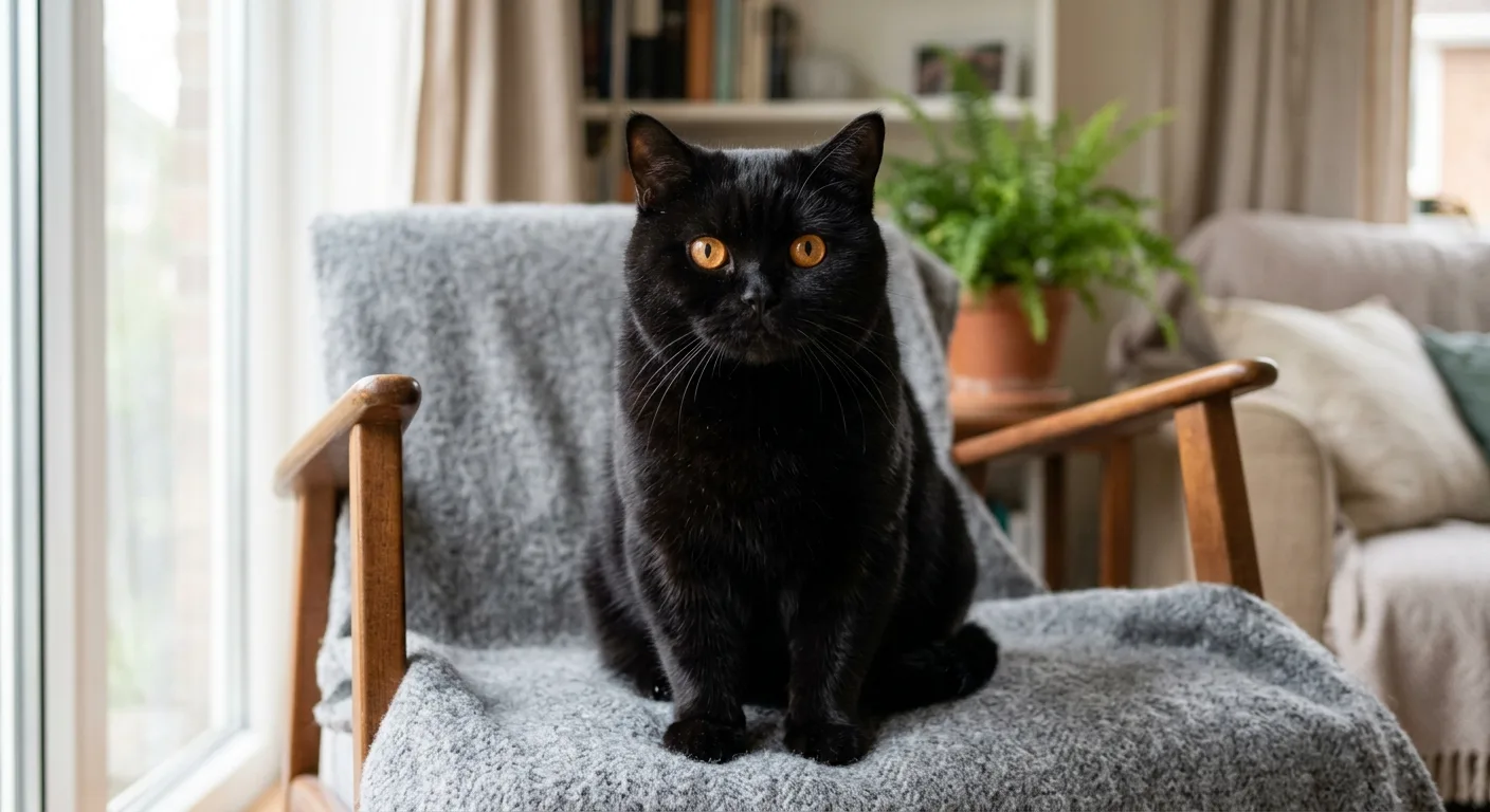 A black British Shorthair with a jet-black, glossy dense coat and round copper eyes, seated indoors, facing the camera, plush coat clearly visible