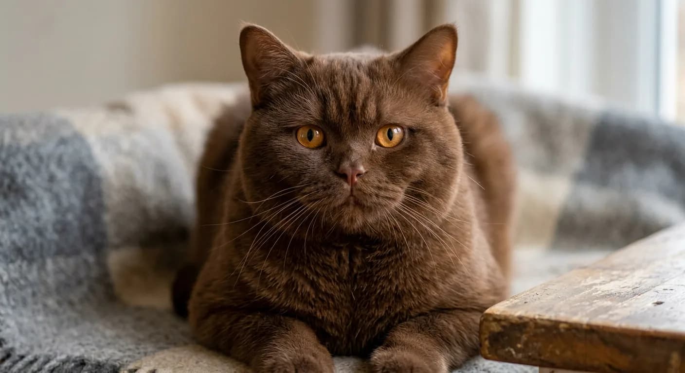 A chocolate British Shorthair with rich warm brown coat, close-up of face and chest, showing round copper-gold eyes and the distinctive BSH chubby cheeks