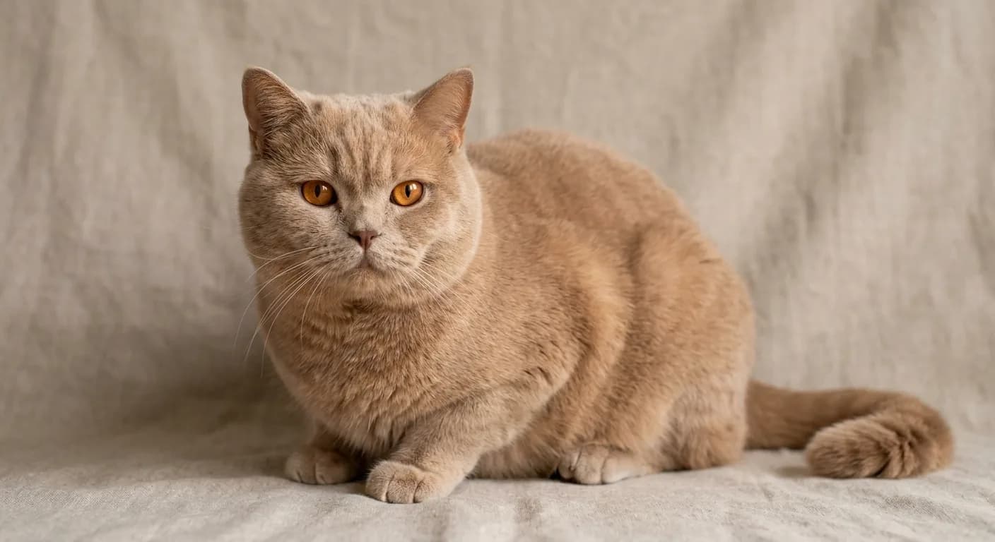 A cinnamon or fawn British Shorthair on a neutral background, showing the warm caramel-to-rosy-buff coat that distinguishes these rare dilutes from the more common blue and cream, copper eyes, round BSH face
