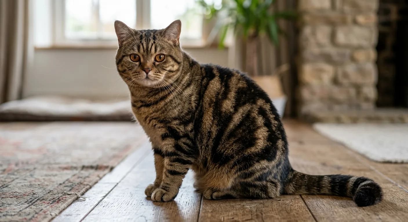 A classic (blotched) tabby British Shorthair, showing bold swirled side markings and the bullseye flank pattern in warm brown agouti tones, full body visible, round copper eyes