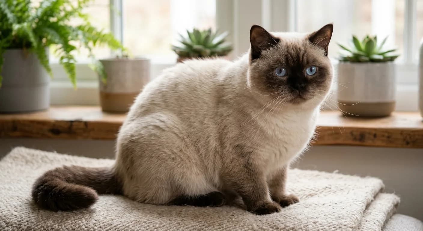 A colorpoint British Shorthair with a pale cream body, dark seal-brown mask, ears, paws, and tail, blue eyes, classic BSH round face and plush coat, sitting in natural light