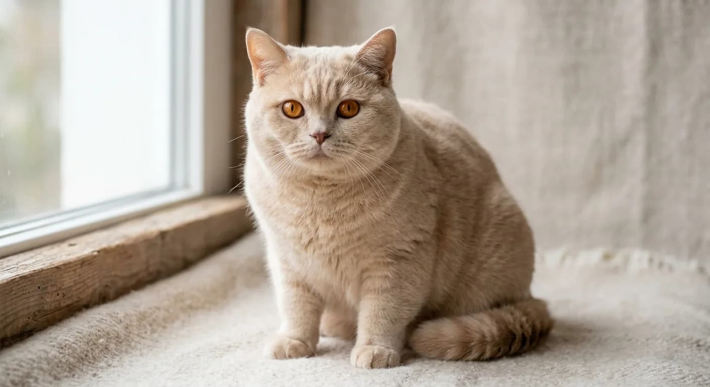 A cream British Shorthair, pale warm ivory-buff coat, sits on a light background, round face with copper eyes, plush dense fur clearly visible