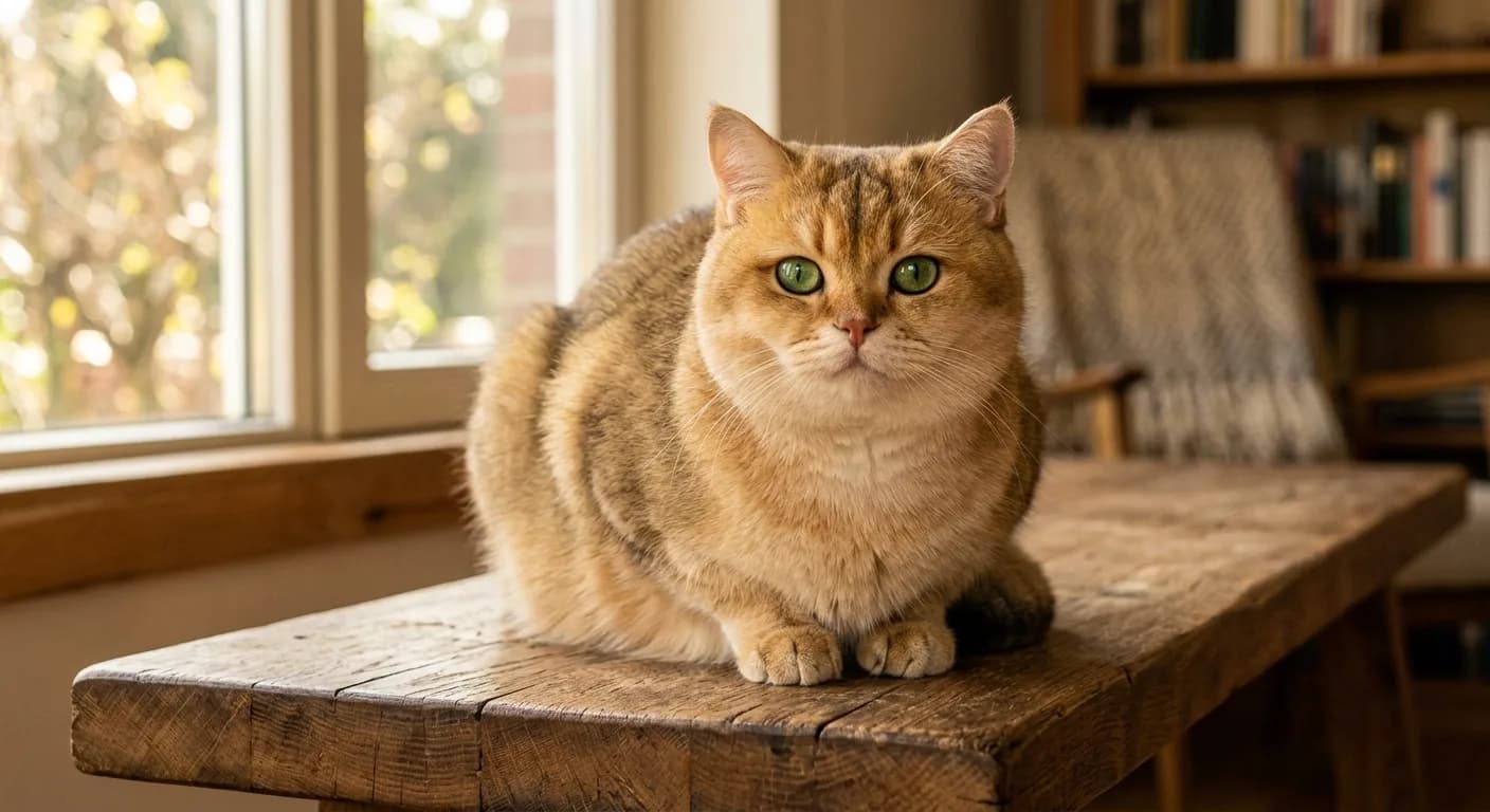 A golden shaded British Shorthair bathed in warm natural light, its apricot-cream undercoat glowing through the sable-tipped fur, vivid green eyes, sitting on a wooden surface