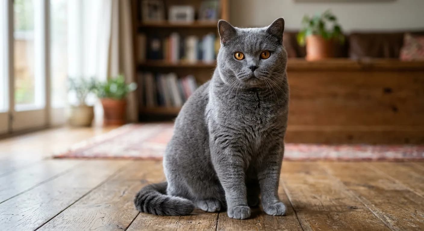 A solid blue-grey British Shorthair with round copper-orange eyes sits upright, full body visible, showcasing the breed's classic cobby build and dense plush coat, natural light