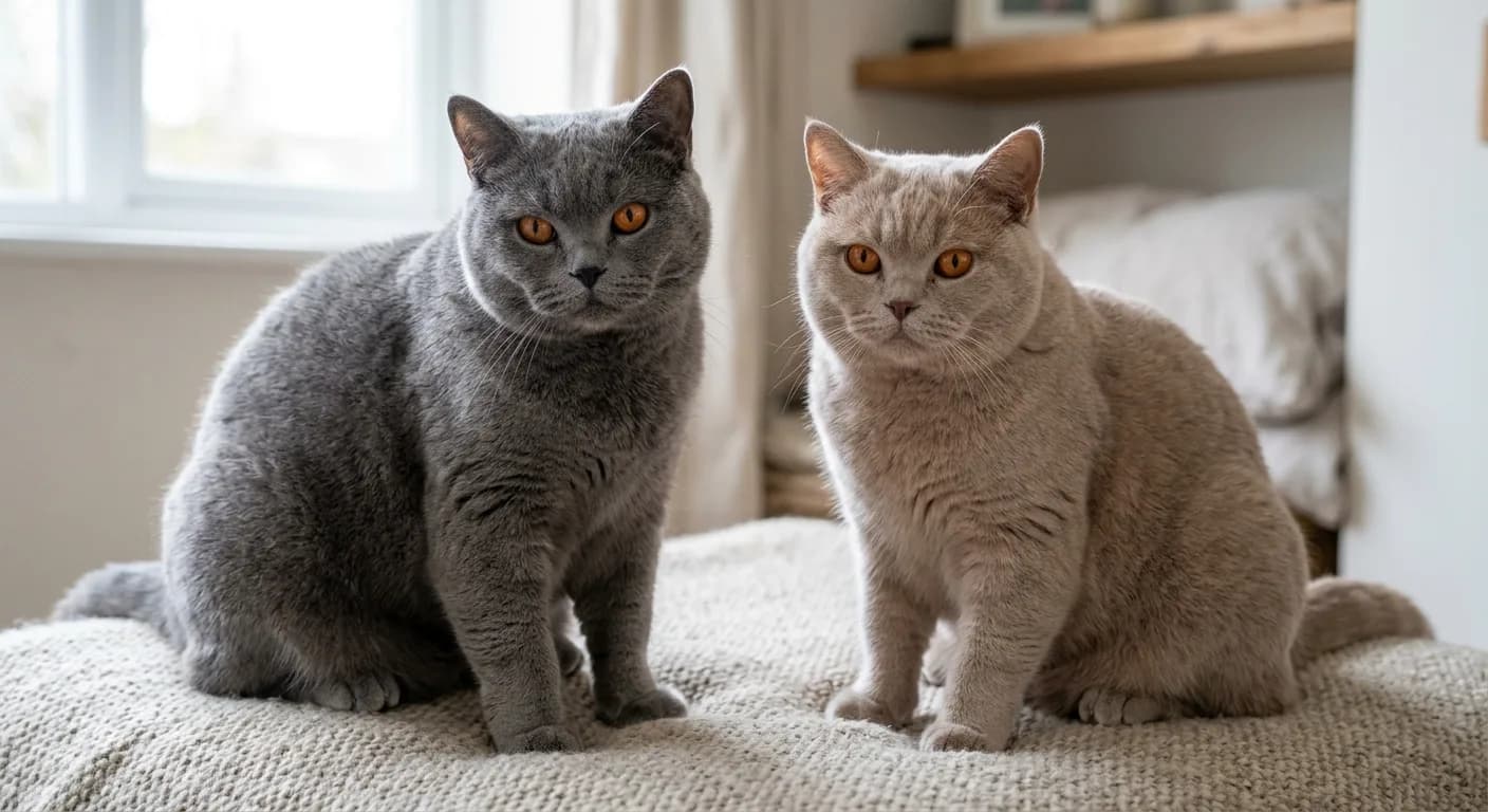 Two British Shorthairs side by side: one solid blue-grey and one lilac with a warm pinkish-lavender tone, showing the subtle color difference between the two dilutes, both with copper eyes