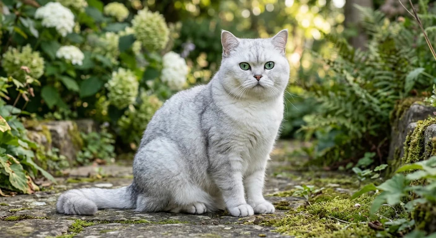 A silver shaded British Shorthair with sparkling silver-tipped dense coat, vivid green eyes, sitting elegantly, the clear white undercoat visible where the coat parts, outdoors in soft natural light