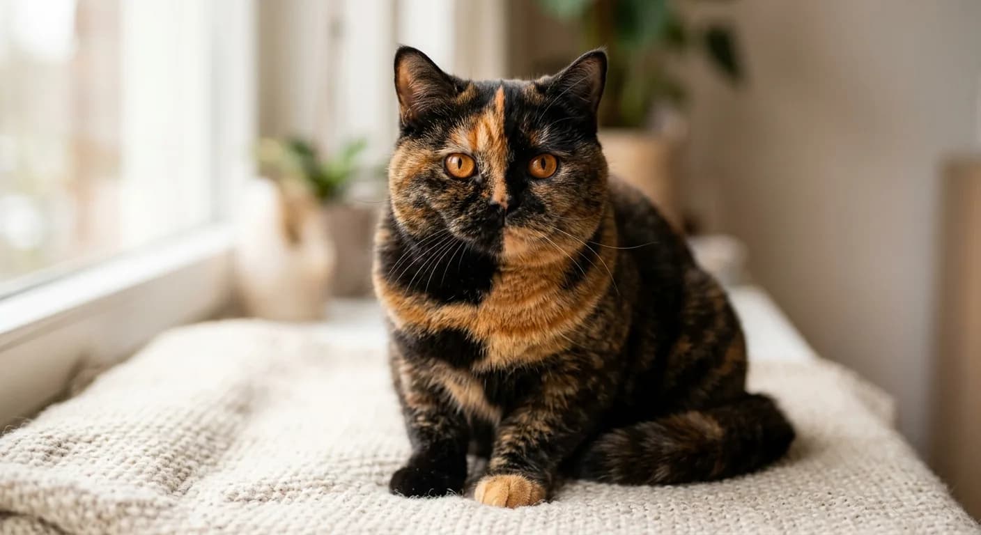 A tortoiseshell British Shorthair with a bold patching of jet-black and warm red-orange across the face and body, round copper eyes, plush dense coat, sitting on a neutral background