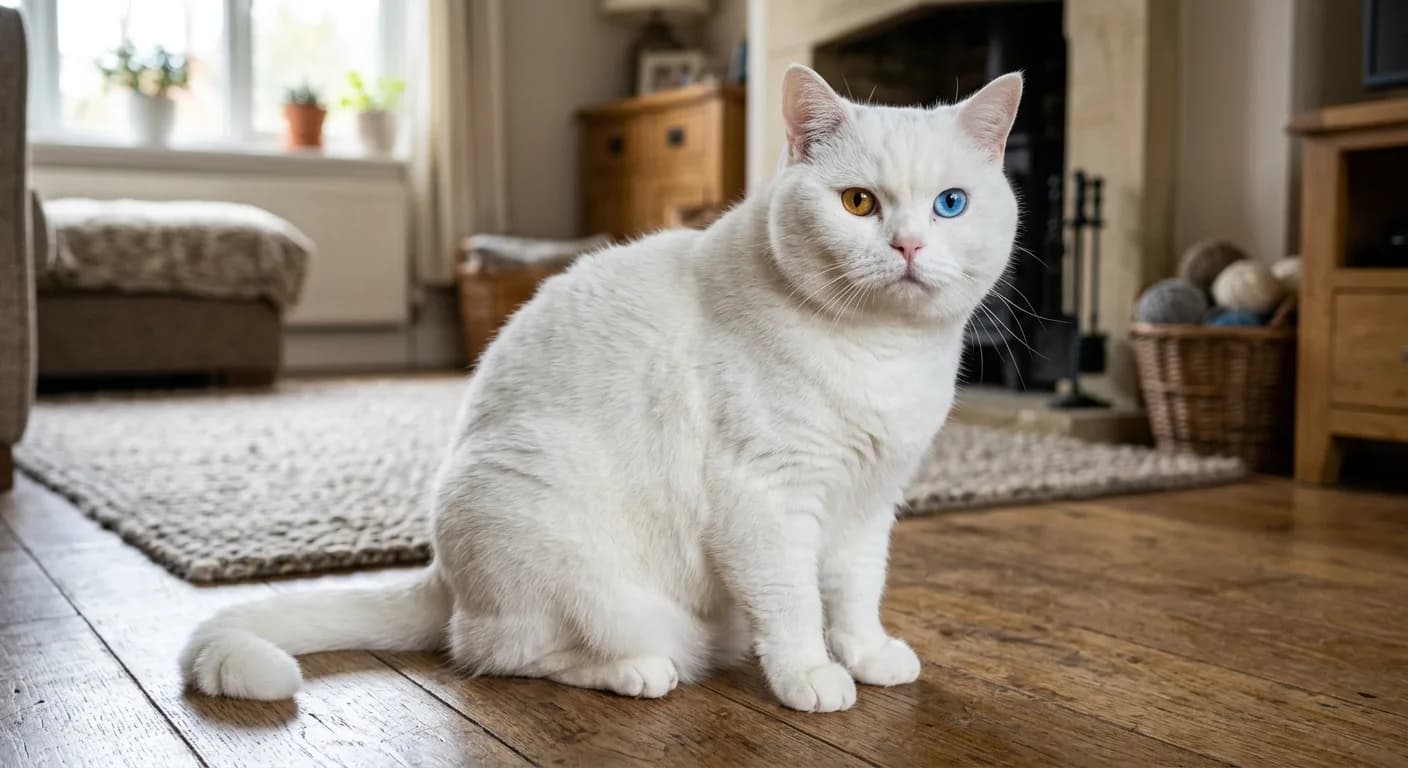 A white British Shorthair with odd eyes: one bright blue eye and one amber eye, full body shot indoors, showing the dense pure-white coat and rounded face