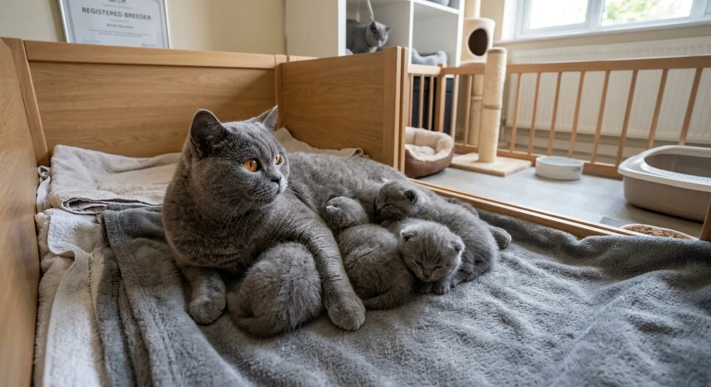 a registered breeder setting with a mother queen and kittens in a clean nursery area