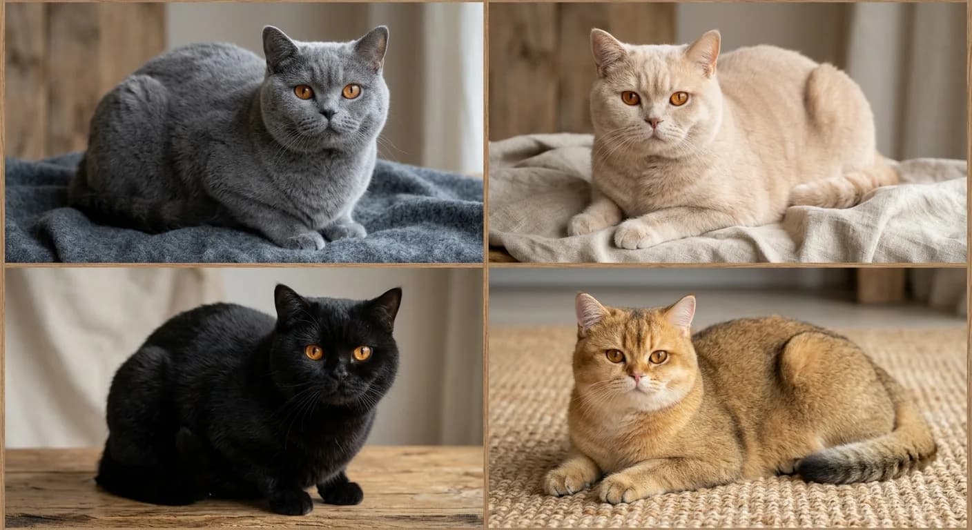 a grid of common British Shorthair colors with price-tier feel showing blue, cream, black, and golden coats