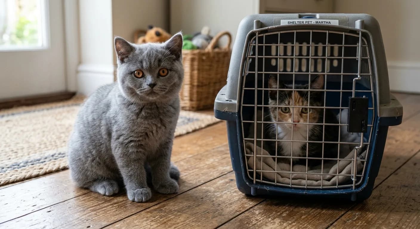 a British Shorthair kitten from a breeder beside a shelter cat in a carrier, comparison