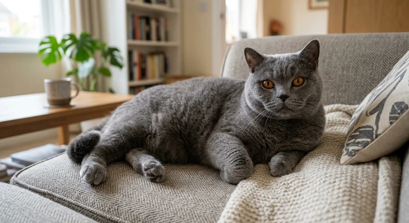 an adult British Shorthair relaxed on a couch at home, calm and settled