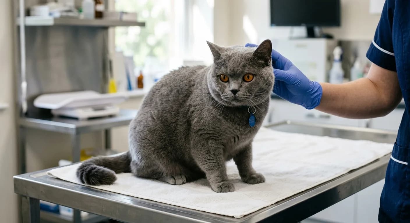 a British Shorthair cat on a vet exam table with a gloved hand gently petting it, no human face visible