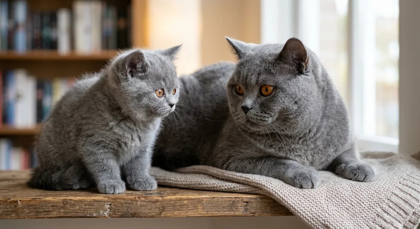 a British Shorthair kitten beside an adult to show maturation
